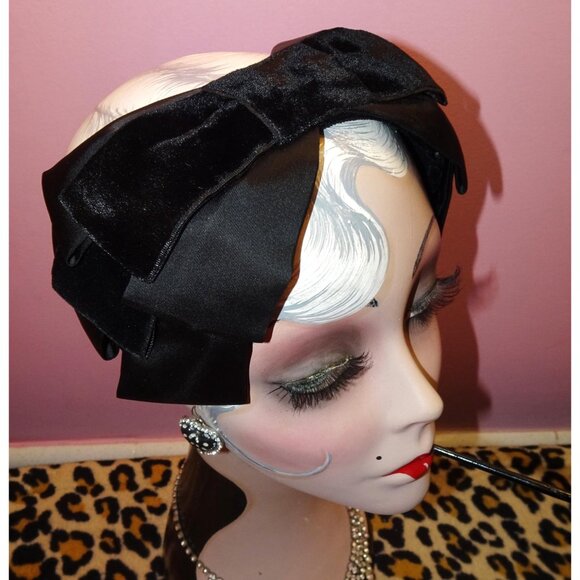 Vintage Black Velvet & Satin ILGWU Fascinator Hat Bow pinup retro rockabilly - Picture 6 of 16
